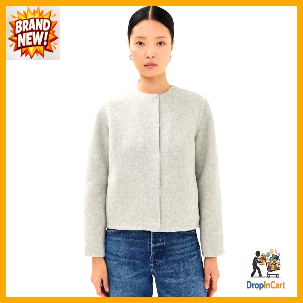 Classic Wool Pea Coat Collarless Jacket Lightweight Boxy Chic Minimal